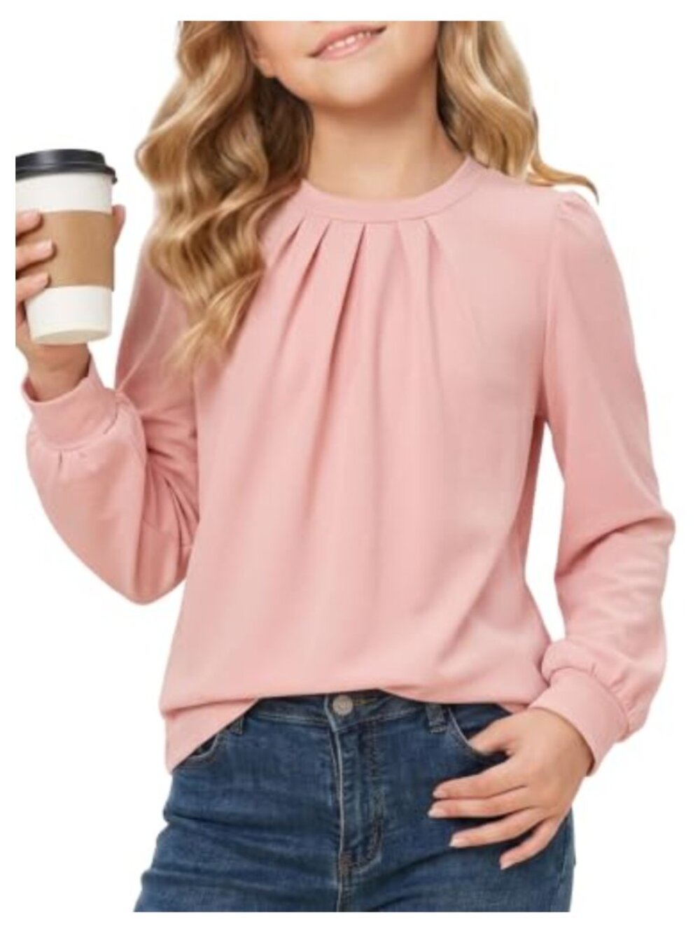 Girls Puff Long Sleeve Pleated Tunic Blouse Dressy Top